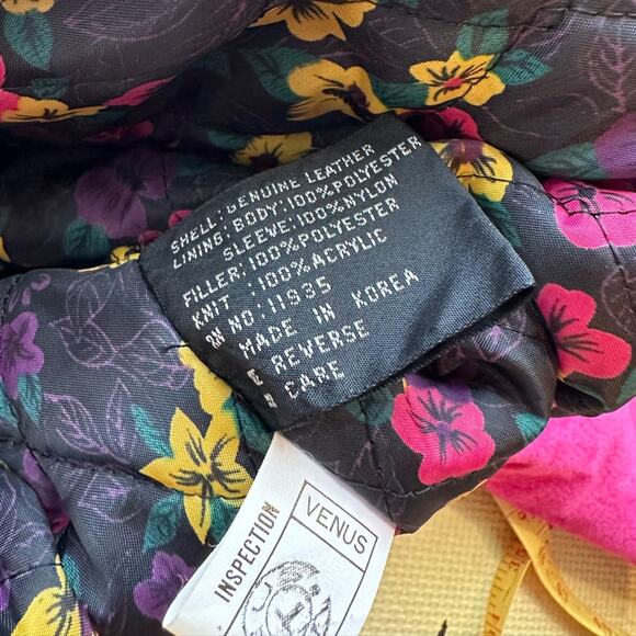 Vintage Mixed Blues Leather Bomber Jacket Barbie Pink Floral Lining Retro Small - Picture 14 of 14